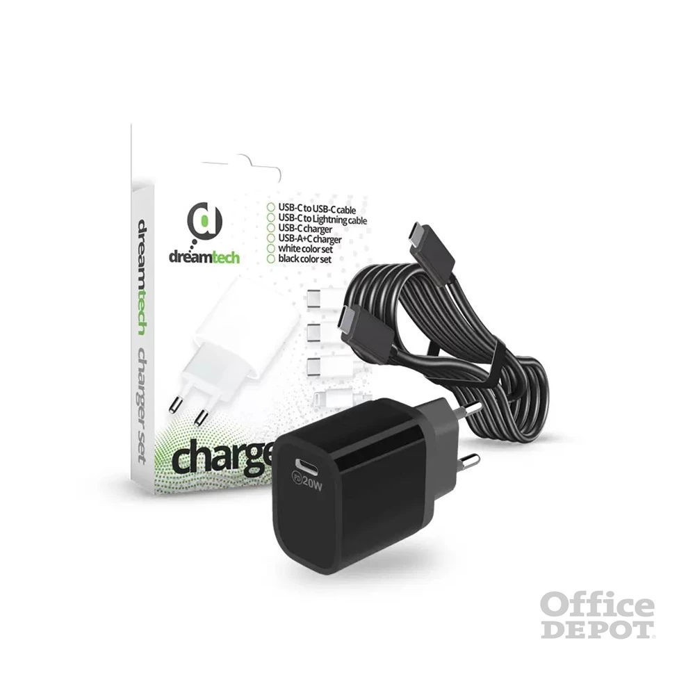 Dreamtech 126297 PD Type-C 20W QC3.0 univerzális fekete hálózati töltő Type-C kábellel